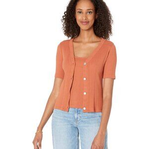 Madewell Pointelle Cardigan Twin Set Sz Medium Rust Orange Short Sleeve Sweater
